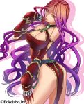  1girl armor bare_shoulders breasts claws cleavage elbow_gloves finger_to_mouth gloves gradient_hair kawagoe_pochi looking_at_viewer multicolored_hair original pink_hair purple_hair sangoku_infinity smile solo thighs yellow_eyes 