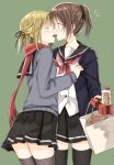  bag blonde_hair blush brown_hair cardigan chocolate closed_eyes gift green_eyes hair_ribbon half_updo jar mouth_hold original ponytail ribbon scarf school_uniform serafuku skirt takeuchi_aya thigh-highs yuri zettai_ryouiki 