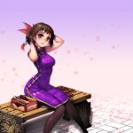  1girl adjusting_hair arms_up bell bench black_legwear box brown_hair character_request china_dress chinese_clothes gradient gradient_background green_eyes hair_bun hair_ornament hair_stick kamdia parted_lips petals short_hair simple_background sitting smile solo 
