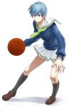  1boy basketball black_legwear blue_eyes blue_hair crossdressinging kuroko_no_basuke kuroko_tetsuya school_uniform serafuku shoes skirt socks 