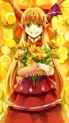  1girl bow flower grin hair_bow highres horn_ribbon horns ibuki_suika long_hair long_skirt nishiuri orange_eyes orange_hair pointy_ears ribbon skirt smile solo touhou wrist_cuffs 