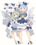  2girls animal_costume animal_ears animal_print black_bow black_dress bloomers blue_eyes blue_hair blue_neckwear blush_stickers bottle bow bowtie chinese_zodiac cirno commentary cow_costume cow_ears cow_hood cow_horns cow_print daiyousei detached_wings dress fairy_wings full_body green_eyes green_hair green_neckwear highres hood hood_up horns ice ice_wings long_hair looking_at_viewer milk_bottle multiple_girls neck_bell nikorashi-ka short_hair simple_background slippers smile symbol_commentary touhou underwear white_background white_dress wings year_of_the_ox yellow_bow 
