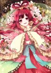  1girl an-mar chinese_clothes flower hair_ornament hair_rings hair_stick highres long_hair magi_the_labyrinth_of_magic red_eyes redhead ren_kougyoku smile solo 