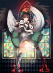  1girl aiming_at_viewer arm_cannon bow brown_hair cape dress glowing hair_bow katagawa_mika long_hair red_eyes reiuji_utsuho solo stained_glass touhou weapon wings 