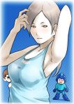  1girl 2boys arm_up armpits blood blush breasts doubutsu_no_mori grey_eyes highres large_breasts long_hair multiple_boys nosebleed pale_skin ponytail rockman rockman_(character) rockman_(classic) silver_hair super_smash_bros. tank_top taut_clothes trainer_(wii_fit) villager_(doubutsu_no_mori) wachiwo wii_fit 