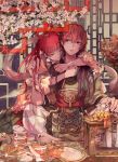  1boy 1girl brush chinese_clothes closed_eyes flower hair_ornament hair_rings hair_stick hug hug_from_behind jewelry judal long_hair magi_the_labyrinth_of_magic paintbrush red_eyes redhead ren_kougyoku 