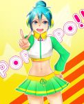  1girl aqua_eyes aqua_hair hand_on_hip hatsune_miku headphones highres midriff navel noboes open_mouth poppippoo_(vocaloid) project_diva project_diva_2nd skirt solo v vocaloid 