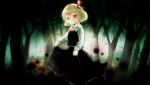  1girl blonde_hair dress dress_lift forest frills hair_bow highres looking_at_viewer nature red_eyes rumia solo touhou tree yuubari_makuwa 