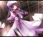  1girl blurry book bookshelf capelet crescent depth_of_field dress hair_ribbon hat highres itouri letterboxed long_hair patchouli_knowledge purple_hair ribbon solo touhou violet_eyes 