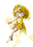  1girl bike_shorts blonde_hair boots choker cure_peace double_v dress earrings electricity highres kise_yayoi long_hair magical_girl nukosann open_mouth ponytail precure shorts_under_skirt skirt smile smile_precure! solo tiara v wrist_cuffs yellow_dress yellow_eyes 