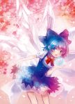  1girl blue_dress blue_eyes blue_hair bow buttons cirno crystal dress floral_background gradient gradient_background hair_bow ice leaning looking_at_viewer open_hand open_mouth outstretched_arm puffy_short_sleeves puffy_sleeves short_hair short_sleeves solo touhou wings yutsuka_(amyucca) 