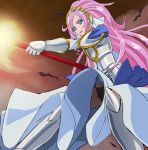  1girl armor bat black_panties blue_eyes dokidoki!_precure dress gauntlets hairband haruyama long_hair marie_ange panties pink_hair polearm precure solo spear underwear weapon 