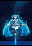  1girl aqua_hair closed_eyes detached_sleeves hatsune_miku headset highres letterboxed long_hair mathuri musical_note navel necktie night open_mouth skirt sky solo star star_(sky) starry_sky thigh-highs thigh_boots thigh_gap twintails very_long_hair vocaloid 