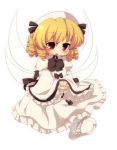  1girl blonde_hair blush chibi drill_hair hands_together hat luna_child matatabi_(nigatsu) red_eyes short_hair simple_background slippers solo touhou white_background wings 