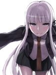  1girl bangs blunt_bangs dangan_ronpa jacket kirigiri_kyouko lavender_eyes lavender_hair leaning_forward long_hair looking_at_viewer necktie skirt smile solo yu_65026 