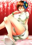  1girl ada_wong bracelet breasts brown_eyes brown_hair china_dress chinese_clothes crossed_legs finger_to_mouth flower hair_flower hair_ornament jewelry large_breasts nagare resident_evil resident_evil_6 shoes short_hair sitting solo taut_shirt tongue 