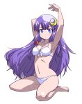  1girl armpits arms_up bare_legs bare_shoulders barefoot bikini blue_eyes bow crescent front-tie_top hair_bow hair_ornament iwatobi_hiro long_hair looking_at_viewer navel no_hat no_headwear patchouli_knowledge payot posing purple_hair simple_background solo swimsuit touhou very_long_hair white_background 