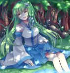 1girl anthiea blush breasts detached_sleeves forest frog_hair_ornament green_hair hair_ornament hair_tubes kochiya_sanae long_hair nature open_mouth rock sitting skirt skirt_hold smile snake_hair_ornament solo touhou water yellow_eyes