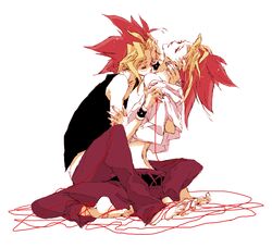  2boys bare_shoulders barefoot dual_persona full_body hand_on_neck kiss multicolored_hair multiple_boys mutou_yuugi open_clothes open_shirt pants red_string shirt spiky_hair string takinbo undressing white_shirt yami_yuugi yaoi yuu-gi-ou 