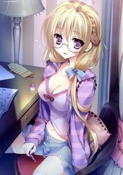  1girl :d absurdres ahoge bear_hair_ornament blonde_hair bow braid breasts cleavage dengeki_moeou desk eraser fang glasses hair_bow hair_over_shoulder highres hooded_jacket karory lamp long_hair low_ponytail mechanical_pencil midriff navel open_hoodie open_mouth pencil scan semi-rimless_glasses shorts side_braid sitting smile solo striped striped_hoodie thigh-highs under-rim_glasses violet_eyes white_legwear 