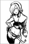  1boy androgynous ash_crimson belt cheerio cropped_jacket freckles hair_over_one_eye hairband hand_on_hip king_of_fighters midriff monochrome navel pants sketch smile solo trap 