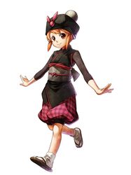  1girl adapted_costume brown_eyes capcom checkered gotcha_force hat highres japanese_clothes kimono kurokawa_usagi obi official_art onimusha_soul orange_hair payot sandals short_hair shorts smile socks solo tabi 