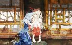  2girls barefoot blue_dress blue_hair dress fujiwara_no_mokou holding_hands kamishirasawa_keine long_hair looking_at_another multiple_girls pants profile sensui_chuu side sitting touhou white_hair 