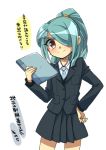  1boy androgynous aqua_hair blazer blush brown_eyes crossdressinging hair_over_one_eye inazuma_eleven inazuma_eleven_(series) kazemaru_ichirouta necktie ponytail shiho_(acoram) simple_background skirt smile solo translation_request trap white_background 