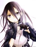  1boy black_eyes black_hair breastplate fingerless_gloves gloves gun kirito kirito_(sao-ggo) long_hair male pistol sword_art_online trap tsukimori_usako weapon 