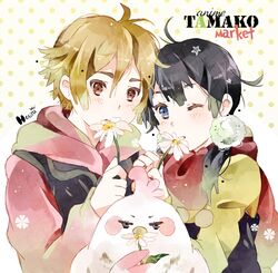  1boy 1girl bird black_hair blue_eyes brown_eyes dera_mochimazzui flower hetiru kitashirakawa_tamako long_hair low_twintails ooji_mochizou short_hair tamako_market twintails wink 