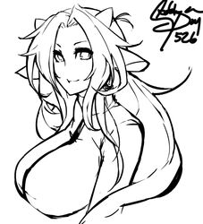  1girl animal_ears breasts bust cow_ears cow_girl cow_horns eu03 horns huge_breasts long_hair mattie_(matsu-sensei) monochrome original sketch smile solo 