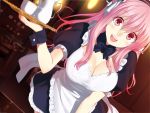  1girl apron blush bowtie breasts cleavage detached_collar headphones hullabaloo leaning_forward long_hair looking_at_viewer nitroplus open_mouth pink_eyes pink_hair smile solo super_sonico tray waist_apron waitress wrist_cuffs 