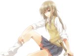  1girl blonde_hair blue_eyes earrings jewelry long_hair looking_at_viewer loose_socks maruki_(punchiki) original school_uniform shinai sitting skirt smile socks solo sweater_vest sword weapon 