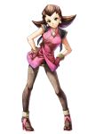  1girl adapted_costume breasts brown_hair crotch_plate earrings gloves green_eyes hairband hands_on_hips high_heels highres japanese_clothes jewelry kimono onimusha_soul pantyhose pigeon-toed rockman rockman_dash shoes short_kimono smile solo tron_bonne 