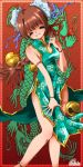  1girl anklet armlet bell bracelet braid brown_hair bun_cover china_dress chinese_clothes closed_eyes double_bun dr_rex dragon dress dress_tug green_dress hair_ornament jewelry long_hair open_mouth original single_braid sleeveless smile solo standing thigh_strap 