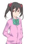  1girl black_hair bow cardigan hair_bow hands_in_pockets love_live!_school_idol_project nishiuri_warito red_eyes solo twintails yazawa_nico 