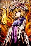  1girl akasia blonde_hair breasts fox_tail hat multiple_tails ofuda solo tail touhou violet_eyes yakumo_ran 