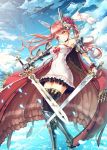  1girl absurdres airship black_legwear breasts cape cleavage clouds daizo dress dual_wielding epaulettes flower flower_on_head gauntlets greaves headgear highres pink_eyes pink_hair sky strapless_dress sword tagme thigh-highs twintails weapon zettai_ryouiki 