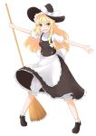  1girl apron black_dress blonde_hair bloomers blush braid broom dress fang hat hat_ribbon highres holding kirisame_marisa loafers long_hair open_mouth outstretched_arms ribbon santa_(nicoseiga) shoes smile socks solo spread_arms standing underwear white_legwear witch_hat yellow_eyes 