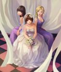  3girls bare_shoulders black_hair blonde_hair blue_eyes bouquet bridal_veil bride brown_eyes brown_hair dress flower gown karanomori_shion kunizuka_yayoi long_hair multiple_girls psycho-pass short_hair sitting tsunemori_akane veil wedding_dress yellow_eyes zhangyuchi 