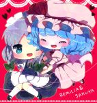  2girls bat_wings blue_hair bow braid character_name closed_eyes fang grey_hair hair_bow hat heart heart_of_string hug izayoi_sakuya maid maid_headdress mary_janes multiple_girls open_mouth puffy_sleeves red_background remilia_scarlet ribbon ringed_eyes sei_(artist) shoes short_hair short_sleeves skirt smile socks touhou wings wink wrist_cuffs 