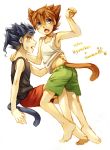  2boys animal_ears barefoot blue_hair blush brown_hair character_name cr72 fang inazuma_eleven_(series) inazuma_eleven_go male matsukaze_tenma multiple_boys open_mouth paw_pose paw_print tail tsurugi_kyousuke white_background 