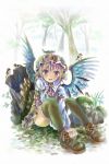 1girl animal animal_ears bird black_legwear boots cross-laced_footwear hat highres lace-up_boots looking_at_viewer mystia_lorelei nagayo open_mouth outdoors pink_hair short_hair sitting smile solo sparrow thigh-highs touhou tree tree_stump v_arms wings 
