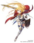  1girl angry armor attack blonde_hair blue_eyes breastplate cape gauntlets greaves hair_bun long_hair open_mouth pauldrons running shield simple_background skirt sword sword_of_phantasia takekono thigh-highs weapon zettai_ryouiki 