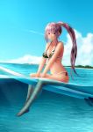  1girl bangs barefoot beach bikini blunt_bangs kai_(link2262) long_hair looking_at_viewer original ponytail purple_hair side-tie_bikini sky smile solo surfboard swimsuit tan tanline violet_eyes water wet 