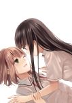  2girls absurdres bangs black_hair blush brown_hair closed_eyes couple eye_contact fukahire_sanba girl_on_top highres long_hair looking_at_another multiple_girls open_mouth original ribbon scan school_uniform short_hair simple_background smile wink yellow_eyes yuri 