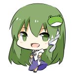 1girl chibi frog green_eyes green_hair hair_ornament hairpin katorinuko kochiya_sanae long_hair lowres skirt smile snake touhou