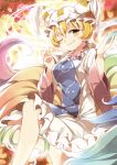  1girl animal_ears blonde_hair chachi_(azuzu) fox_ears fox_tail hat looking_at_viewer multicolored_tail multiple_tails short_hair smile solo tail touhou wink yakumo_ran yellow_eyes 