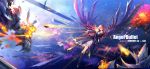  boots city dress explosion falling firing headphones highres megurine_luka pcw pink_eyes pink_hair sword vocaloid weapon wings 