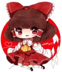  ascot bare_shoulders bow brown_hair character_name detached_sleeves eyes hair_tubes hakurei_reimu heart long_sleeves loose_socks mary_janes open_mouth red_eyes sei_(artist) shoes simple_background smile socks touhou 